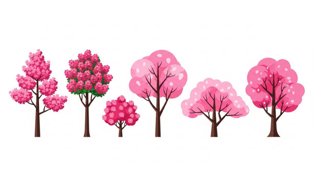 Flowering pink sakura and crape myrtle tree vector lineup with ornamental garden landscape design