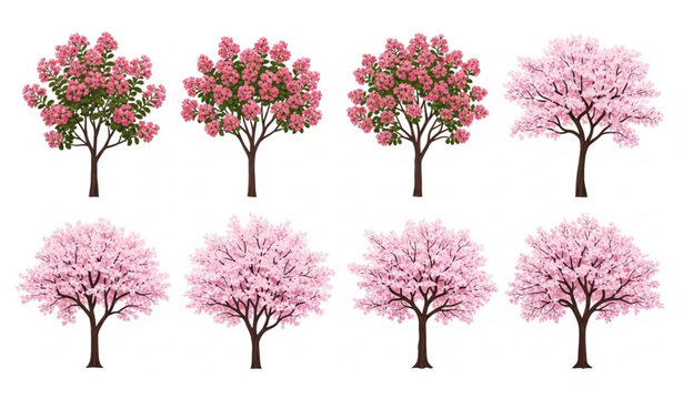 Ornamental pink flowering trees vector collection with sakura and crape myrtle in clean grid layout