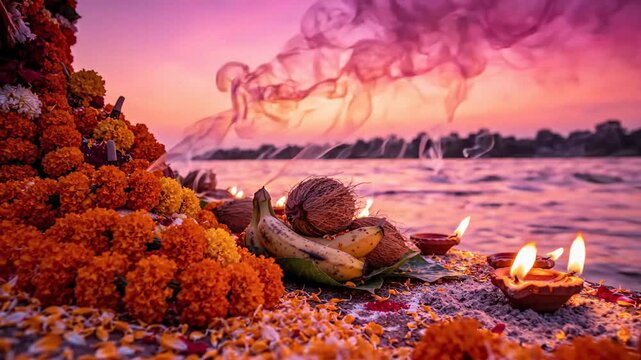 Vibrant ganga dussehra ritual with marigolds and diyas at a spiritual sunset ganges riverbank.