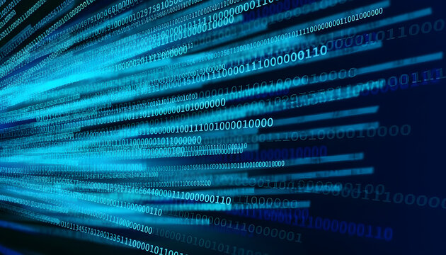 Futuristic blue code, binary data streams, digital technology background, cyberpunk concept