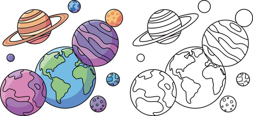 Colorful Cartoon Planets and Celestial Bodies Space and Astronomy Illustration © Snehashish Pritom