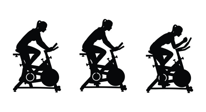 A series of spinning class participants depicted in black minimalist silhouette high quality