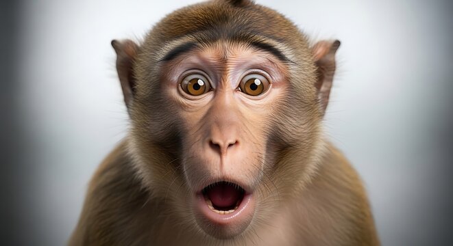 Surprised monkey with wide eyes and open mouth on neutral background