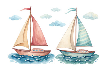 Fototapeta premium Watercolor Sailboat Icon, Ocean Transport Clipart, Isolated on White background