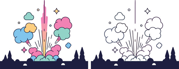 Colorful Cartoon Explosion or Upward Burst with Smoke and Stars © Snehashish Pritom