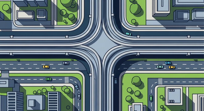 Aerial view of a busy city intersection with traffic and buildings.