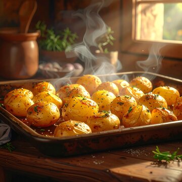 Steaming potatoes on a baking sheet on a wooden table