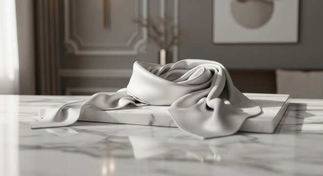A luxurious white silk scarf with a subtle sheen artfully draped on a marble surface, presenting an elegant and sophisticated aesthetic.