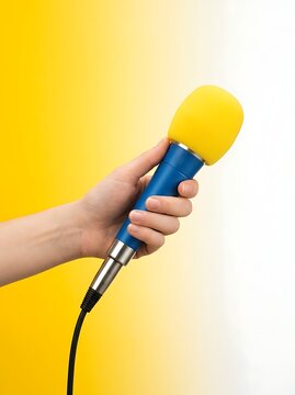 A close-up of a hand holding a blue microphone with a bright yellow foam windscreen, isolated against a gradient yellow and white studio background.