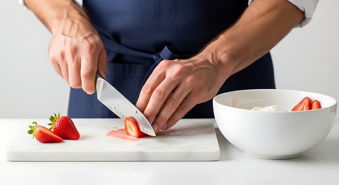 Tangan pria memotong stroberi merah di atas talenan marmer putih yang melambangkan ketelitian proses memasak dan kecintaan pada bahan alami.