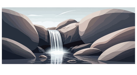 A serene waterfall cascades between large rocks © Tarino