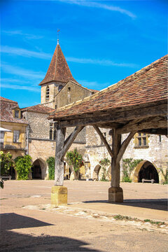 Inside the historic wooden market hall in Monpazier France