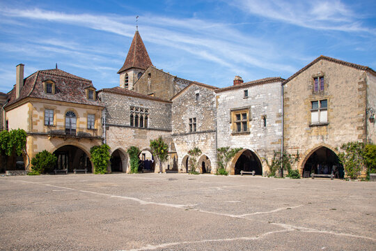 Panoramic view of the medieval main square in Monpazier France
