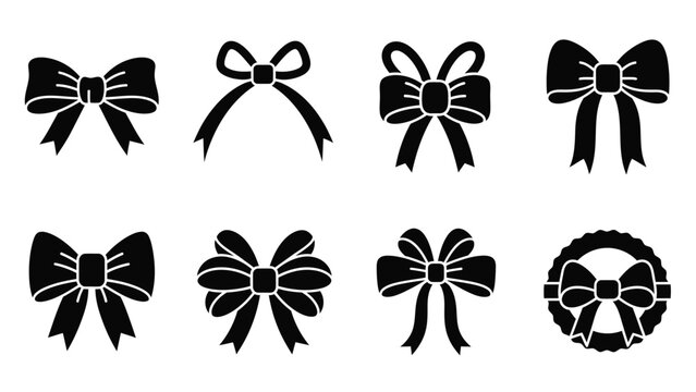 Set of black ribbon bow silhouettes for gift decoration and celebratory designs.