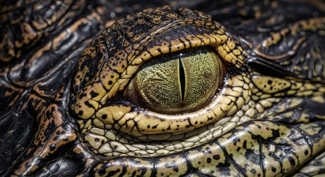 Close-up of alligator eye with textured scales and reflective iris in natural habitat