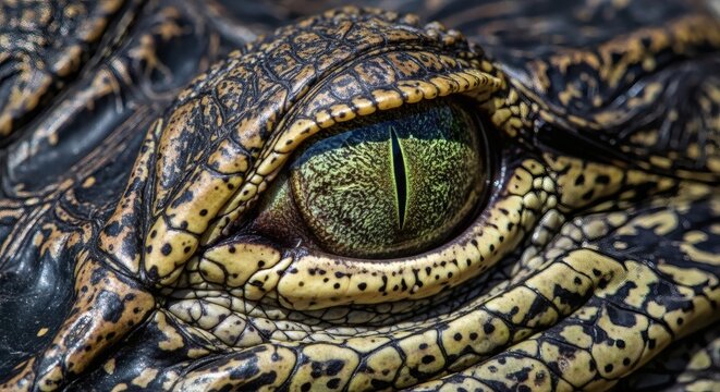 Close-up of alligator eye with textured scales and reflective iris in natural habitat perfect for National Alligator Day