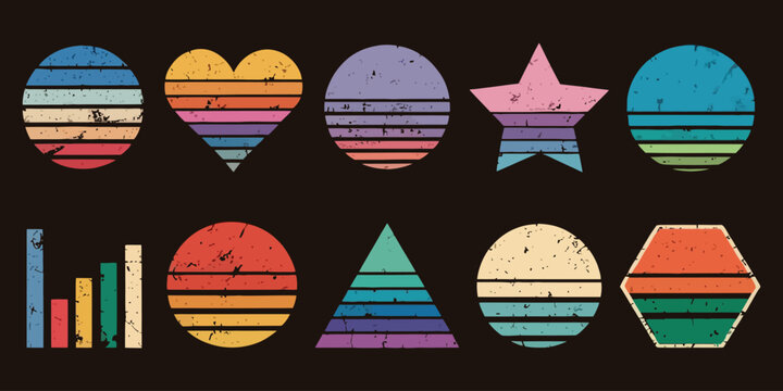 Retro Striped Sunset Prints Set, 80s Style Beach Sunrise Designs in Heart, Star, and Circle Shapes, Geometric Sea Surfing Logo Collection for T Shirt Graphics Vector Illustration