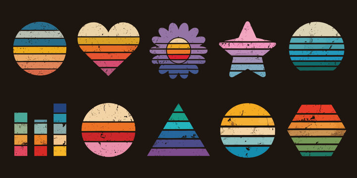Retro Striped Sunset Prints Set, 80s Style Beach Sunrise Designs in Heart, Star, and Circle Shapes, Geometric Sea Surfing Logo Collection for T Shirt Graphics Vector Illustration