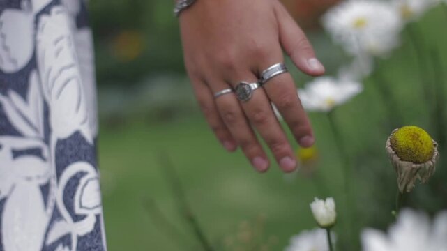 A woman's hand caresses white daisies as she moves forward