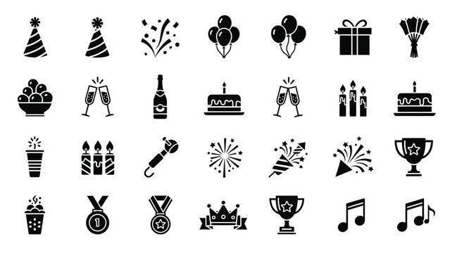 Celebration and party icon set, party hat, confetti, balloons, gift, cake, champagne, candles, fireworks, and trophy.