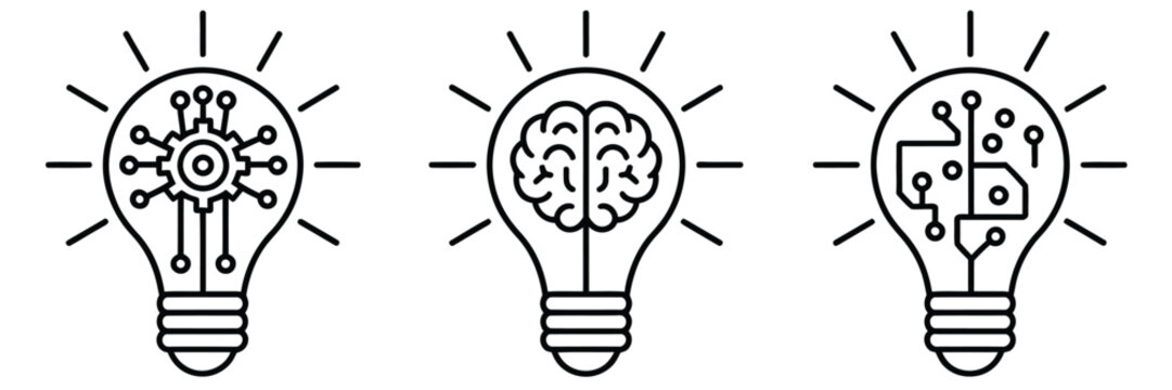 Innovation icon set light bulb and cog inside inspiration icon light bulb and brain inside innovation symbol, creativity idea generation and technology development