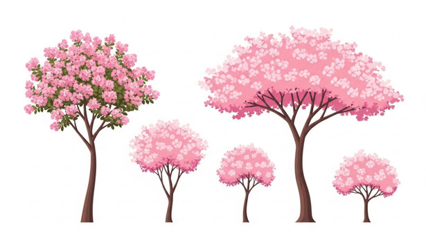 Pink blossom crape myrtle and cherry sakura trees vector set with ornamental garden plants isolated
