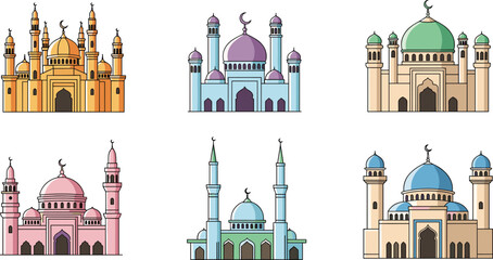 Colorful mosque architecture vector set featuring various Islamic building designs with domes and minarets for Ramadan Kareem, Eid Mubarak, and religious cultural celebrations isolated on white  © MDSaiful