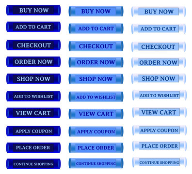 3D Blue Gradient Capsule Tube Style E-commerce UI Button Collection Buy Now Add to Cart Checkout Order Now Shop Now Wishlist View Cart Apply Coupon Place Order Continue Shopping