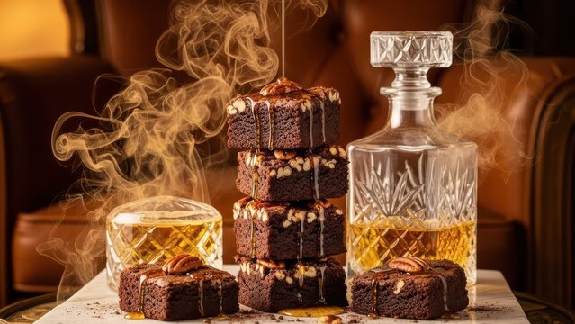 Stack of chocolate brownies with pecans and drizzled syrup with whiskey decanter