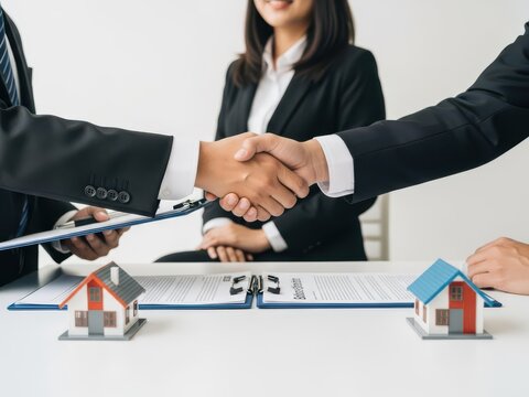 Professionals finalizing real estate agreement with handshake