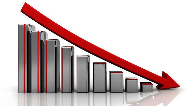 Declining bar chart with red arrow