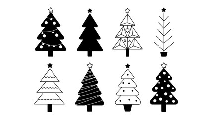 Obraz premium Diverse christmas tree designs in black and white with christmas seasonal decoration celebration template