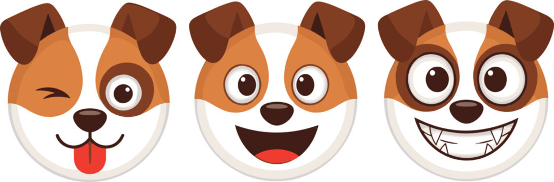 Cute cartoon dog emoji face vector set featuring a variety of expressions like winking, happy, and grinning for stickers, social media, and animal character design isolated on white background.