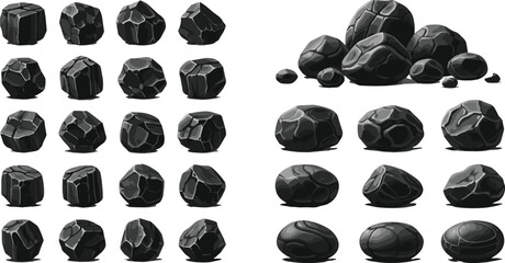 Cartoon black rock and coal stone vector set with various shapes and sizes for game UI design, environment assets, and natural mineral illustrations isolated on white background. © MDSaiful