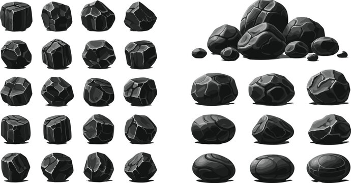 Cartoon black rock and coal stone vector set with various shapes and sizes for game UI design, environment assets, and natural mineral illustrations isolated on white background.