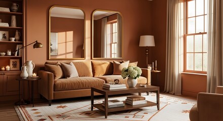 Fototapeta premium Cozy Living Room with Earth Tones and Elegant Decor.