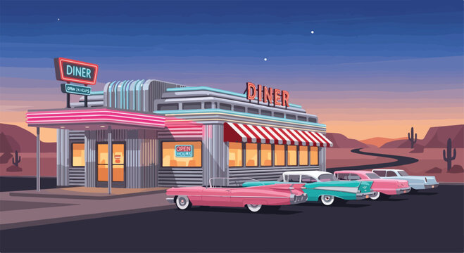 A classic American diner at dusk