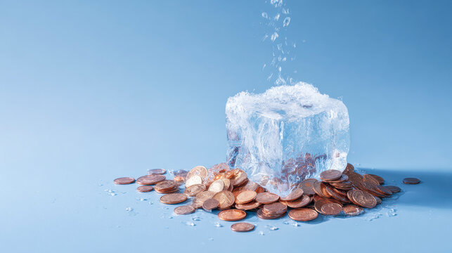 Melting Assets: A conceptual image symbolizing the loss of value as an ice cube melts on a bed of coins, representing the erosion of wealth over time.