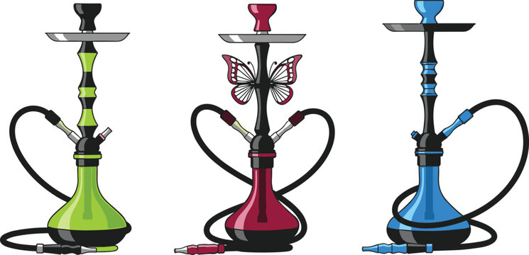 Set of Hookah Shisha Icons with Colorful Water Pipes for Smoking Lounge, Tobacco Culture, Middle Eastern Tradition, and Decorative Design Concepts