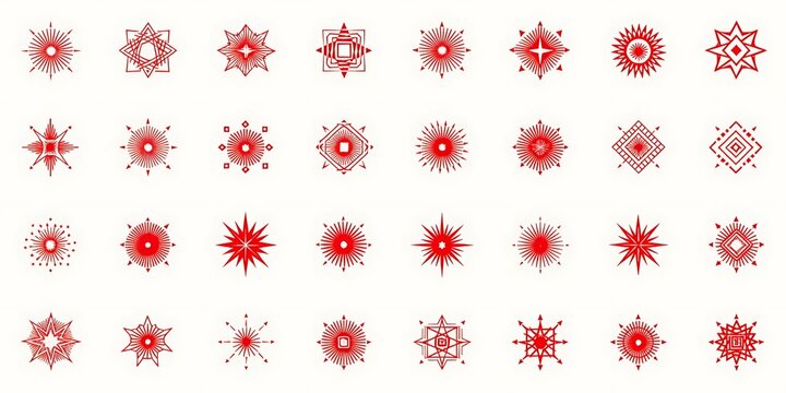 Red starburst and geometric abstract embellishments on white background with starburst geometric abstract embellishment ornamental decorative symmetry background illustration