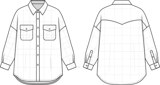 Women long sleeve button up shirt technical flat sketch front and back view pocket details casual garment design illustration