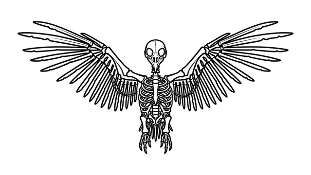 Detailed illustration of a bird skeleton with wings spread wide in a graphic design.