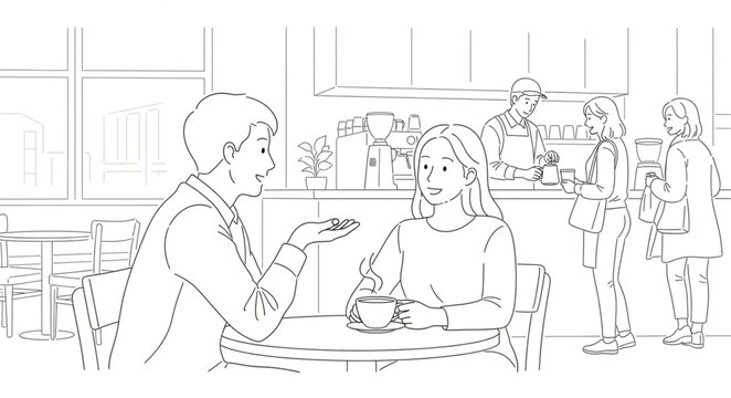People conversing in a cafe setting with food and drinks.