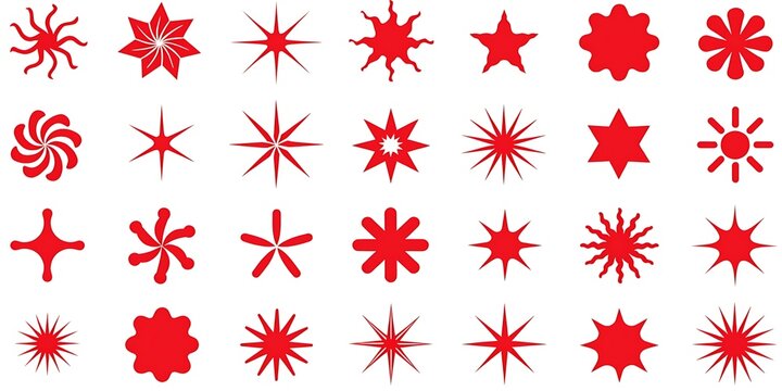 Collection of red starburst and geometric shapes with white background abstract shapes geometric patterns star shapes starburst geometric abstract decoration ornament symmetry