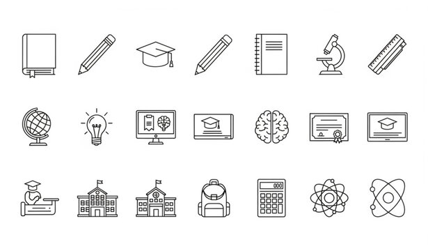Knowledge and education outline icon set with thin line editable stroke learning symbols grid layout vector