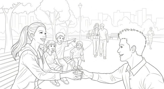 Young man and woman shaking hands outdoors in a park setting.