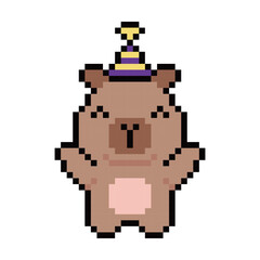 Fototapeta premium Pixel Art Cute Capybara Wearing Purple Party Hat Graphics