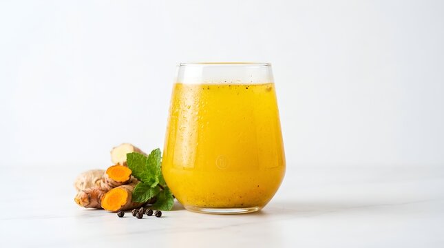 Golden turmeric and ginger drink with peppercorns, studio shot