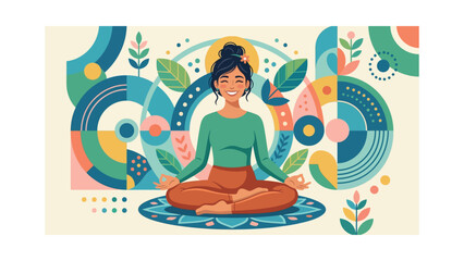 Obraz premium Woman meditates peacefully in a colorful abstract background with leaves and circles.
