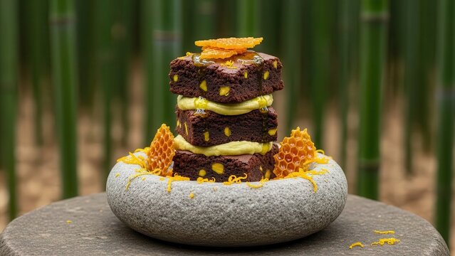 Gourmet chocolate brownie stack with honeycomb and orange zest served on a stone bowl
